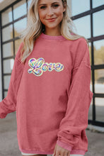 Strawberry Pink Sequin Love Graphic Drop Shoulder Corded Valentines Sweatshirt