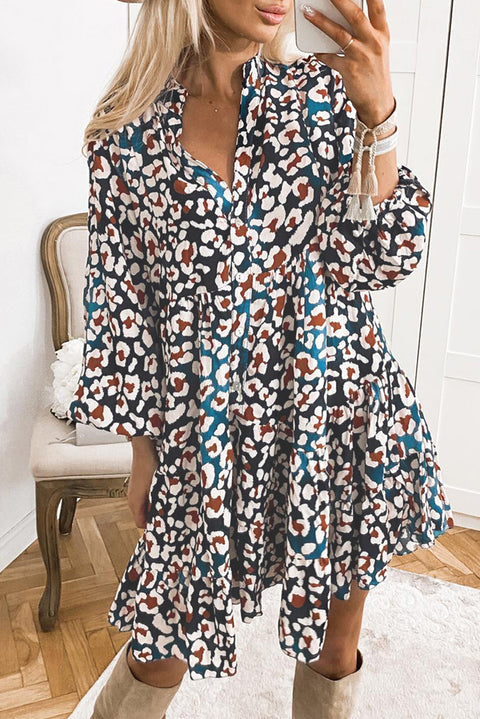 Blue Leopard Print Bubble Sleeve Ruffled Shirt Dress