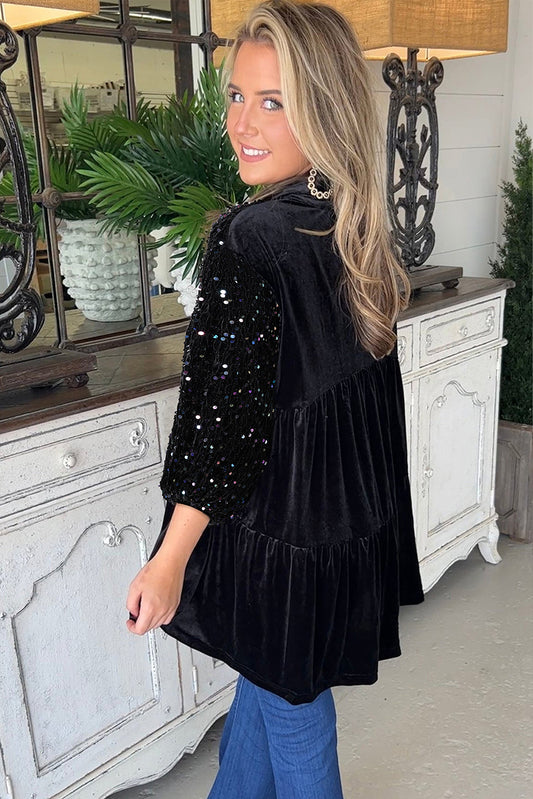 Black Sequin Puff Sleeve Buttoned Velvet Peplum Shirt