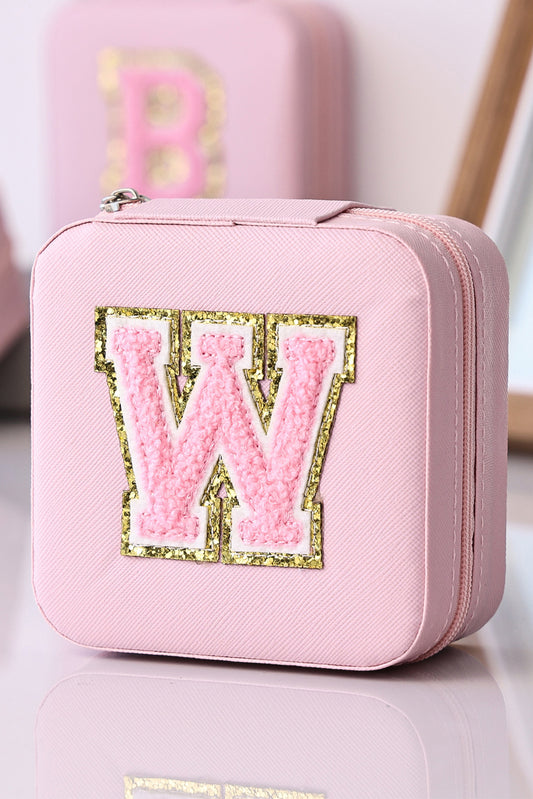 Pink Glitter Chenille Letter W Jewelry Box with Mirror