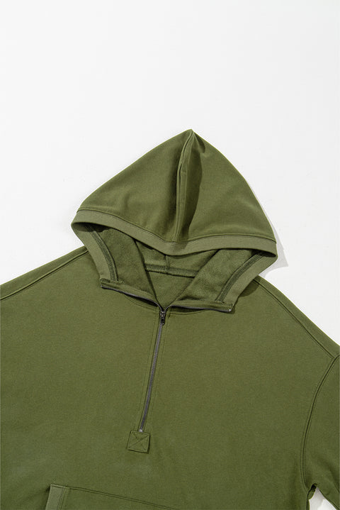 Moss Green Solid Kangaroo Pocket Half Zipper Oversized Hoodie