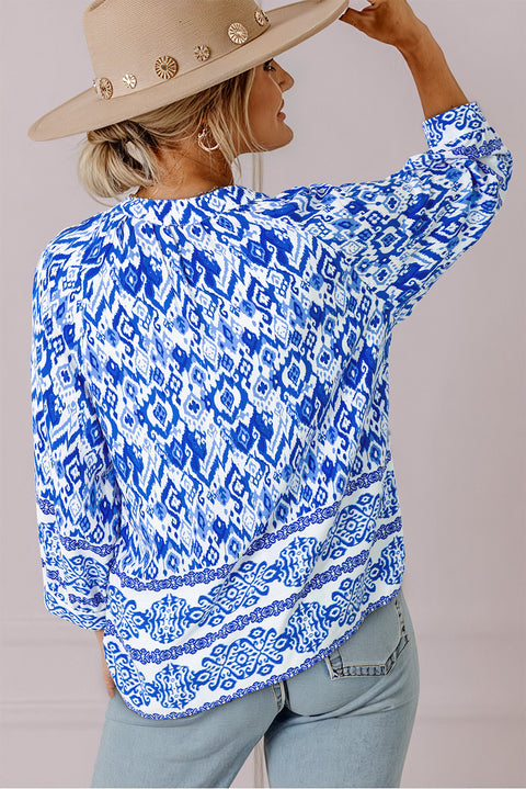 Blue Boho Printed 3/4 Sleeve Tied Neck Blouse