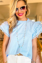 Beau Blue Layered Ric Rac Cap Sleeve Filled Neck Blouse