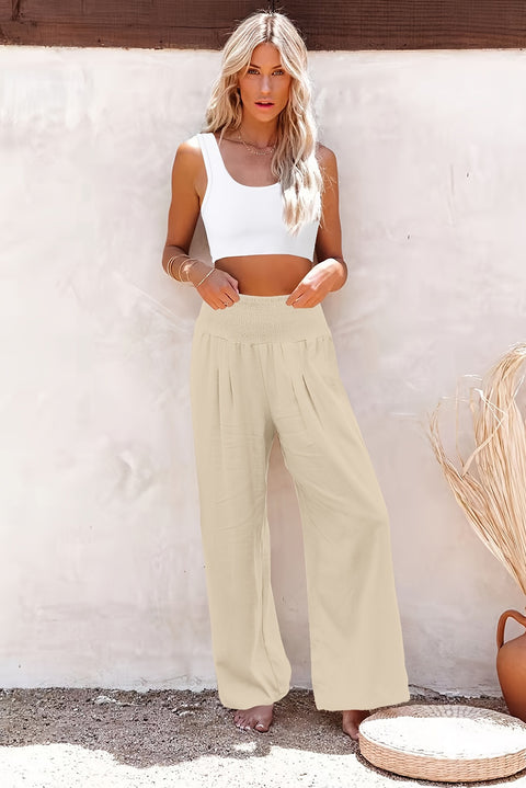 Khaki Smocked Wide Waistband High Waist Wide Leg Pants