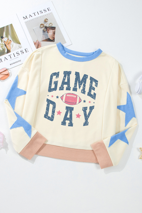 Beige GAME DAY Rugby Football Graphic Contrast Trim Pullover Sweatshirt