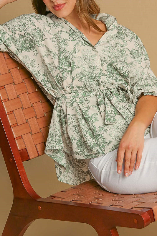 Green Landscape Print Tied 3/4 Sleeve Shirt with Sash