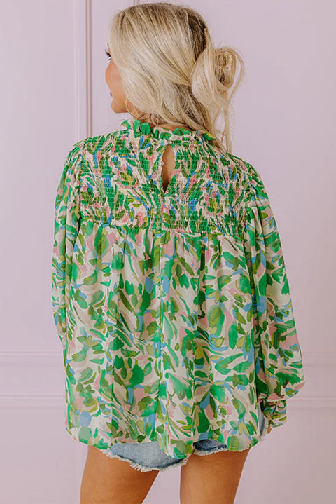 Green Leafy Printed Flounce Sleeve Shirred Mock Neck Blouse