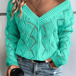 Mint Green Hollow Out Knit V Neck Drop Shoulder Sweater