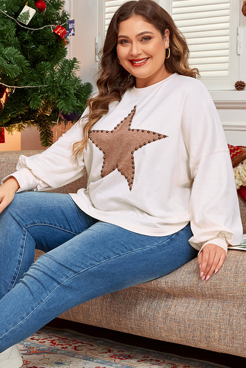 Beige Star Shape Studded Crew Neck Plus Size T Shirt