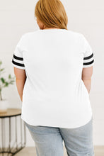 White Leopard Bolt Mama Varsity Striped Sleeve Plus V Neck Tee