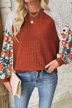 Cinnamon Floral Patchwork Long Sleeve Ribbed Blouse