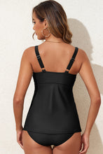 Black Crossed V Neck Adjustable Strap Babydoll Tankini Top