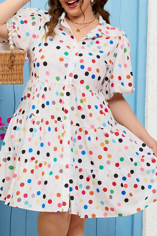 White Polka Dot Print Bubble Sleeve Button Up Plus Size Shirt Dress