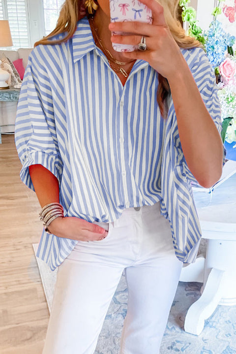 Sky Blue Stripe Dolman Sleeve Oversize Shirt