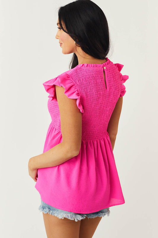 Smocked Ruffle Flutter Sleeve Peplum Blouse