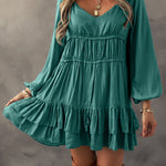 Mist Green Tiered Ruffled Puff Sleeve Loose Fit Mini Dress