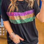 Black Sequin Stripes Patchwork Mardi Gras Crew Neck T Shirt