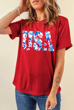 Red USA Flower Print Round Neck T Shirt