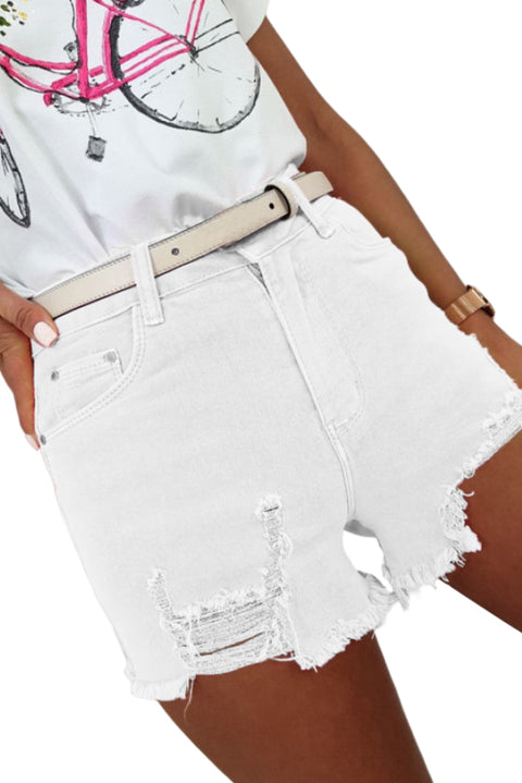 Solid Color Distressed Denim Shorts