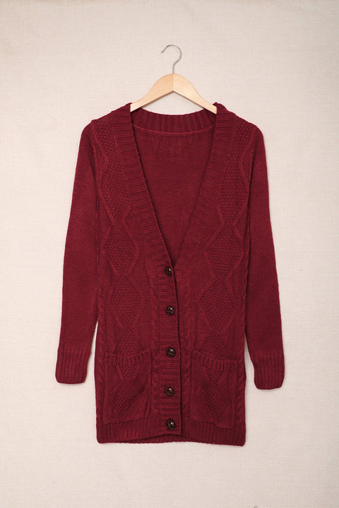 Burgundy Front Pocket and Buttons Closure Cardigan