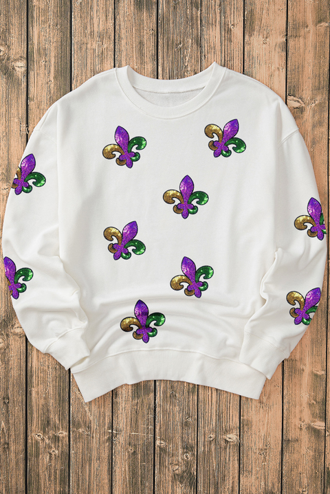 White Fleur De Lis Sequin Patched Graphic Drop Shoulder Sweatshirt