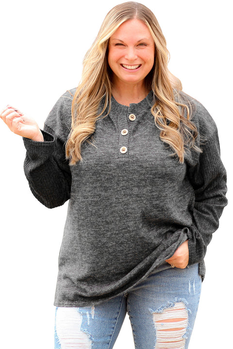 Black Plus Size Ribbed Long Sleeve Henley Top