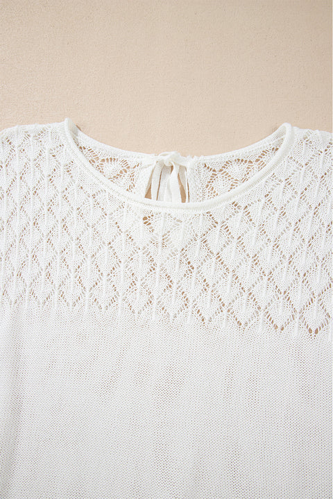 White Eyelet Knit Tied Back Short Sleeve Sweater