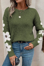 Moss Green Flower Sleeve Drop Shoulder Sweater