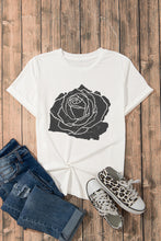 White Large Rose Print Round Neck T Shirt