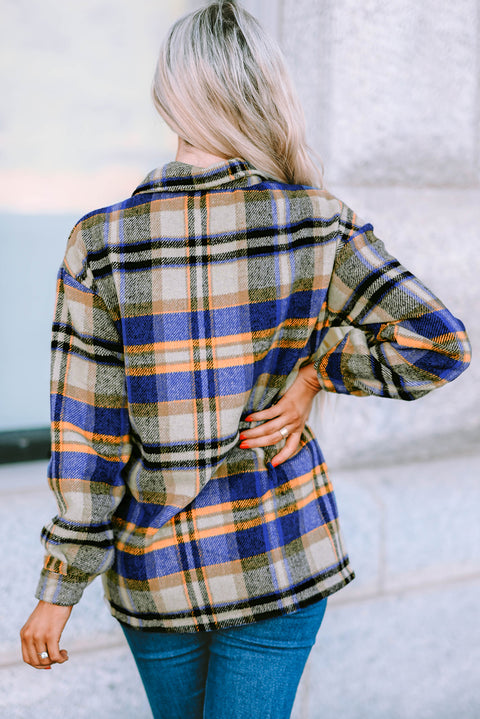 Blue Geometric Plaid Print Pocketed Shacket