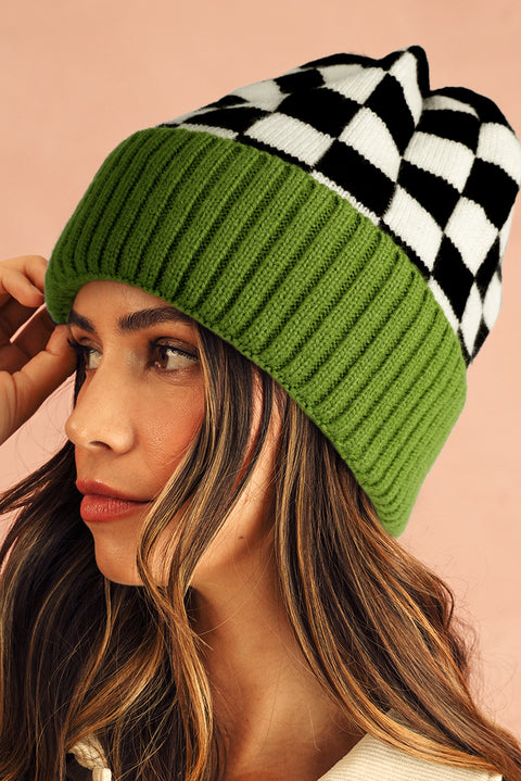 Spinach Green Checkered Color Block Unisex Winter Beanie Hat