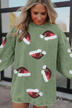 Grass Green Sequined Christmas Hat Graphic Winter Corded Sweatshirt