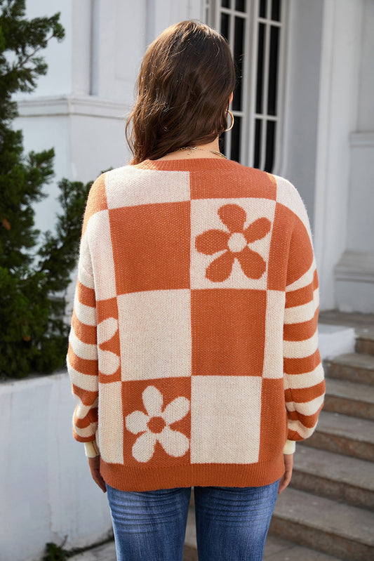 Brown Checkered Floral Print Striped Sleeve Sweater