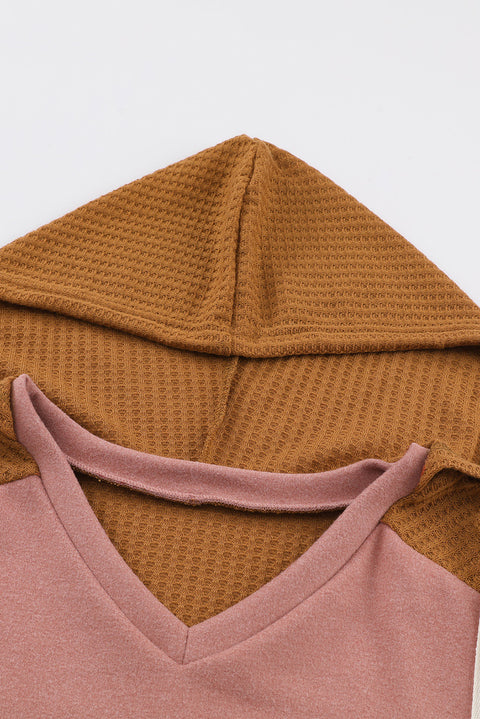 Brown Waffle Knit Patchwork Drawstring V Neck Hoodie