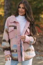 Pink Western Aztec Print Sherpa Splicing Buttoned Flap Pocket Coat