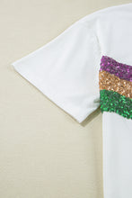 White Sequin Stripes Patchwork Mardi Gras Crew Neck T Shirt