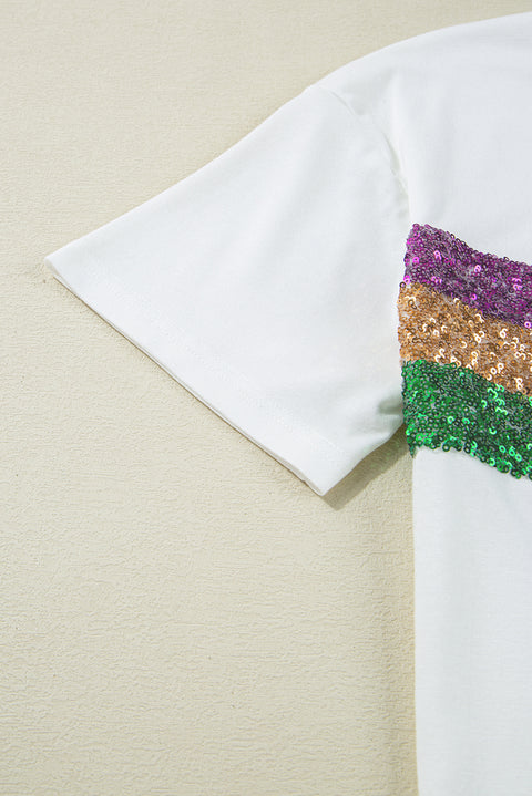 White Sequin Stripes Patchwork Mardi Gras Crew Neck T Shirt