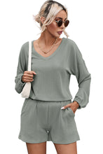 Mist Blue Corded V Neck Slouchy Top Pocketed Shorts Set