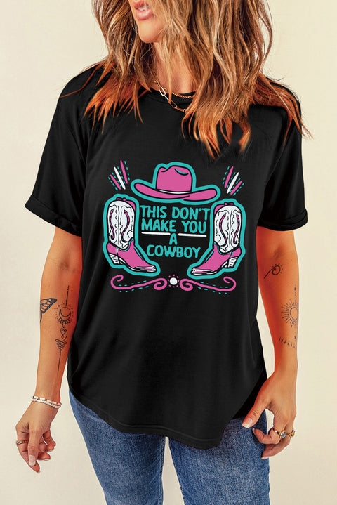 Black Western Hat and Boots Slogan Print Crew Neck T Shirt