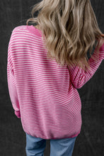 Pink Striped Scallop V Neck Loose Sweater with Slits