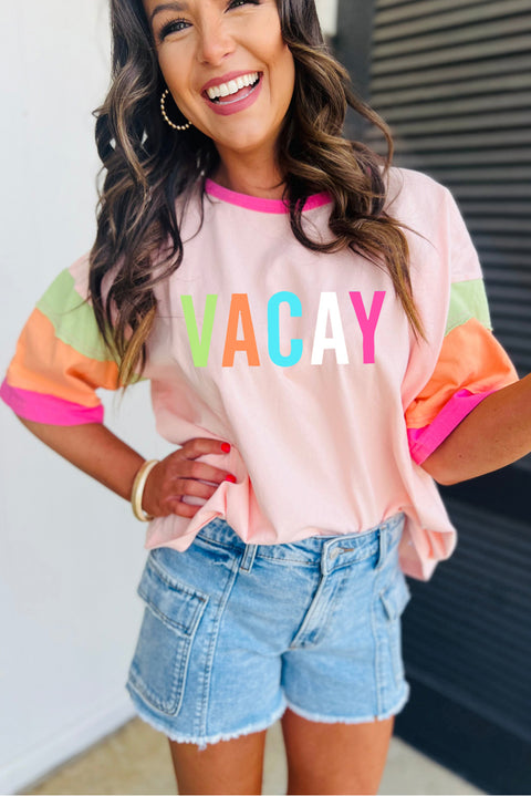 Pink VACAY Printed Color Block Half Sleeve Graphic T Shirt