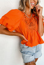 Orange Hollowed Lace Splicing Puff Sleeve Blouse