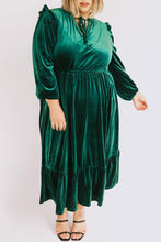 Blackish Green Velvet Frilled up Neck Ruffled High Waist Plus Size Midi Dress