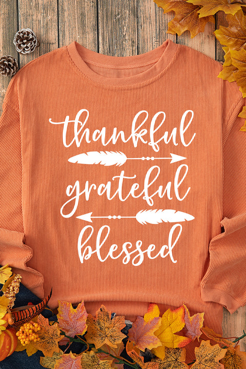 Orange thankful grateful blessed Arrow Graphic Corded Sweatshirt