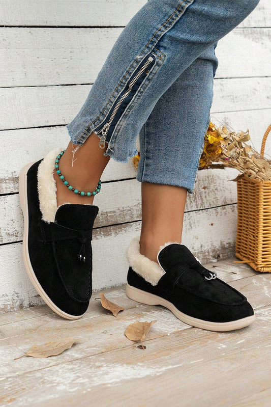 Black Suede Furry Lined Slip on Flat Shoes