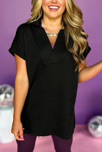 Black Textured V Neck Collared Short Sleeve Top