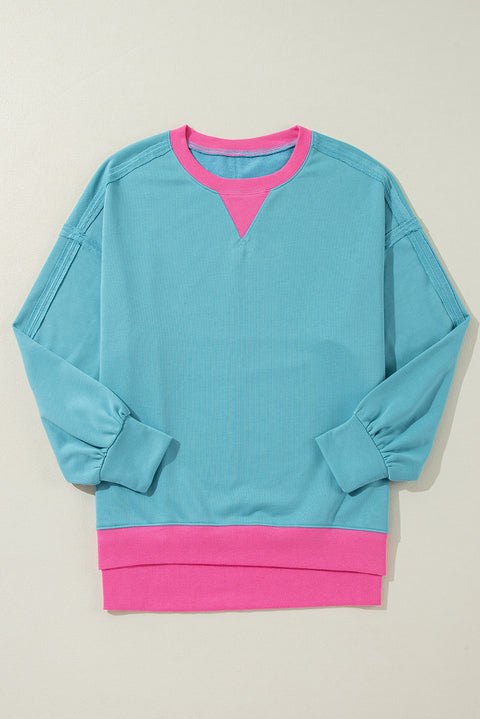 Light Blue Colorblock Patchwork Crew Neck Loose Sweatshirt