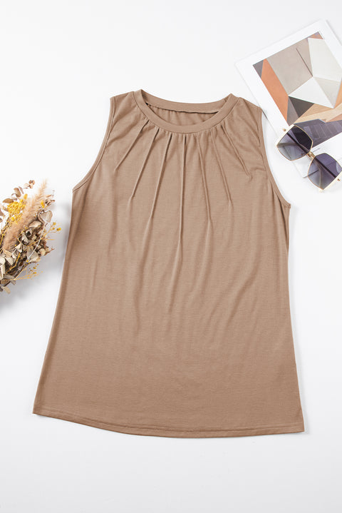 Light French Beige Pleated Detail Round Neck Tank Top