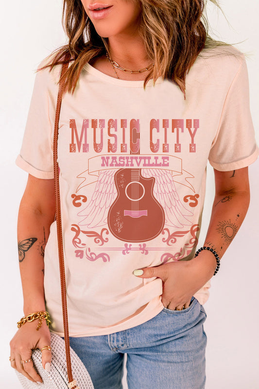 MUSIC CITY Camiseta con cuello redondo y estampado gráfico de guitarra