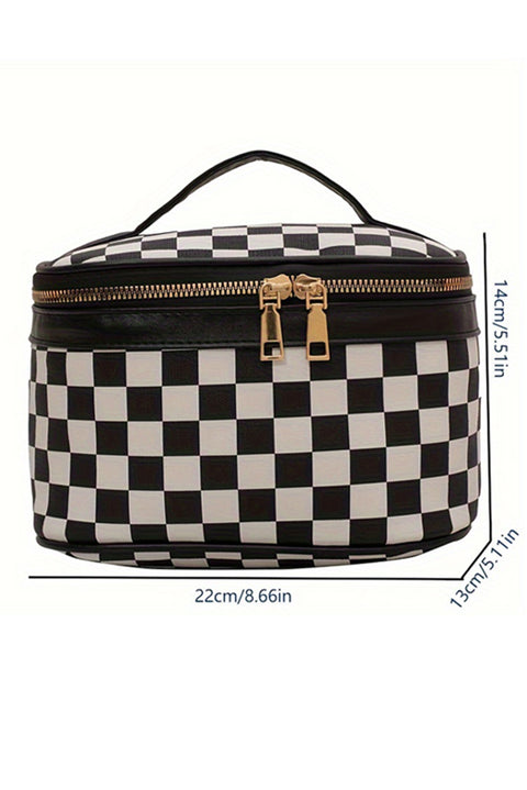 Black Checkered Zipper Large Cosmetic Bag with Handle